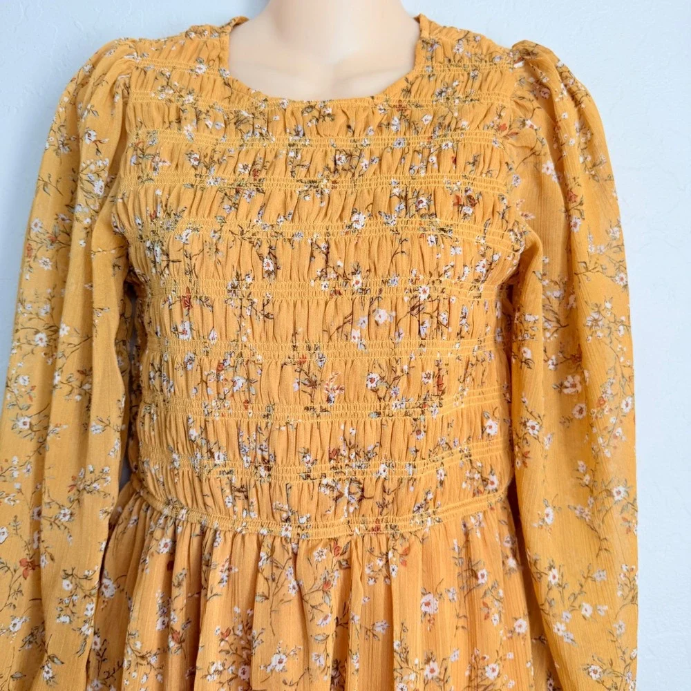 August Sky Mustard Yellow Floral Smocked Tiered Midi Dress Small Long Sleeve - Picture 3 of 13